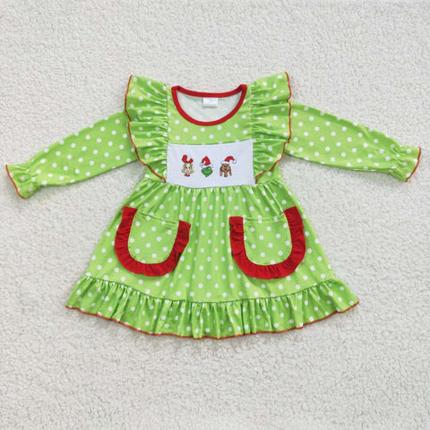 GLD0217 Toddler girl clothes green embroidery girl christmas dress