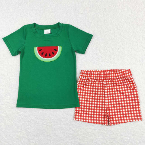BSSO0345 baby boy clothes watermelon embroidery boy summer shorts set
