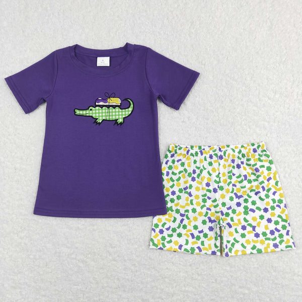 BSSO0410 baby boy clothes crocodile embroidery boy Mardi Gras outfit purple toddler shorts set