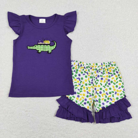 GSSO0444 baby girl clothes embroidery crocodile Mardi Gras outfit purple toddler shorts set