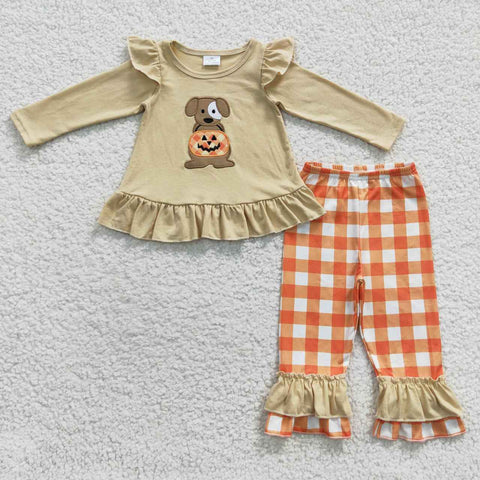 GLP0433 toddler girl clothes dog pumpkin embroidery girl halloween outfit