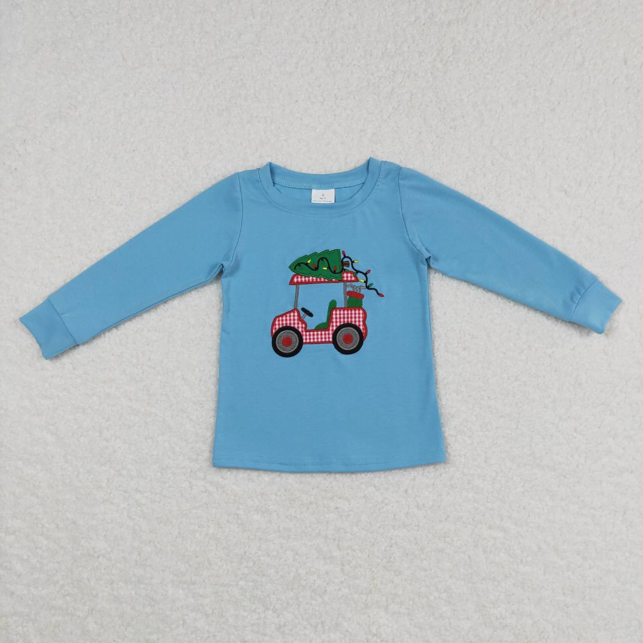 BT0352 kids clothes boys tree tractoer embroidery blue boy christmas shirt