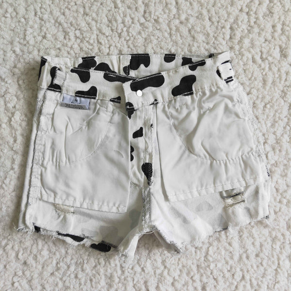 Washed Cow Print Waistband Jeans Baby Girls Denim Shorts
