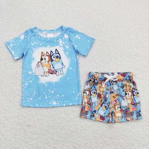 BSSO0599 baby boy clothes cartoon dog blue boy summer shorts set
