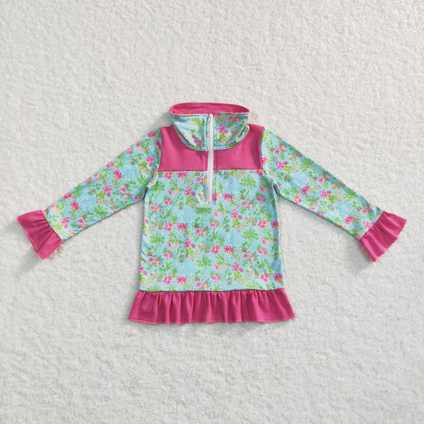 GT0299 baby girl clothes hot pink floral girl zipper shirt top
