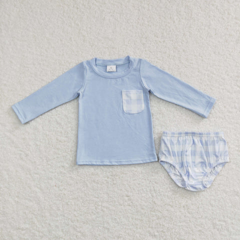 GBO0194 baby boy clothes blue plaid winter bummies set