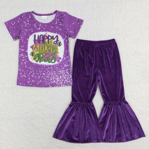 GSPO1280 baby girl clothes purple mardi gras outfits velvet pant set