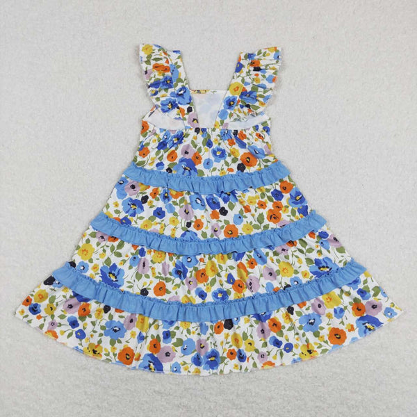 GSD0682 baby girl clothes blue flower floral toddler summer dress ruffles dresses