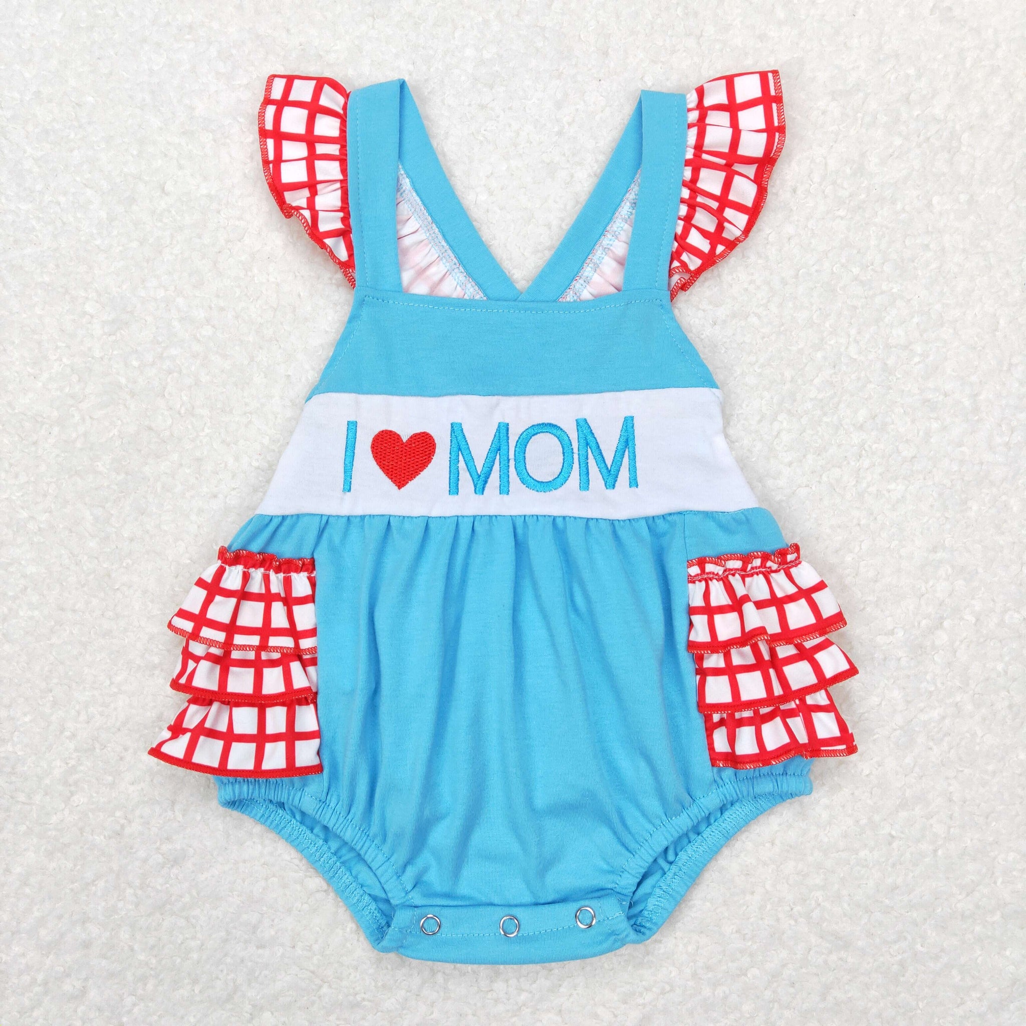 SR0683 baby girl clothes I love mom embroidery blue girl summer bubble mother's day clothes