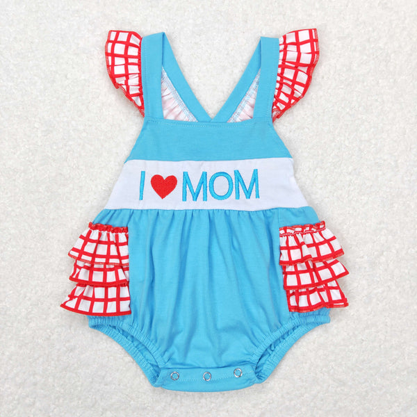 SR0683 baby girl clothes I love mom embroidery blue girl summer bubble mother's day clothes