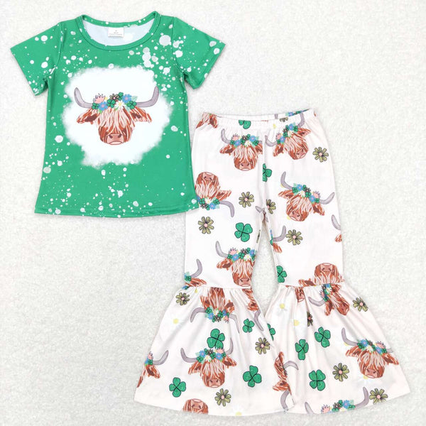 GSPO1180 RTS baby girl clothes cow green St. Patrick's Day bell bottom outfit
