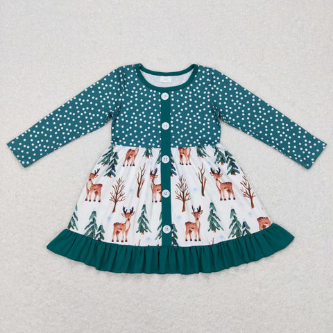 GLD0429 baby girl clothes deer green girl winter dress