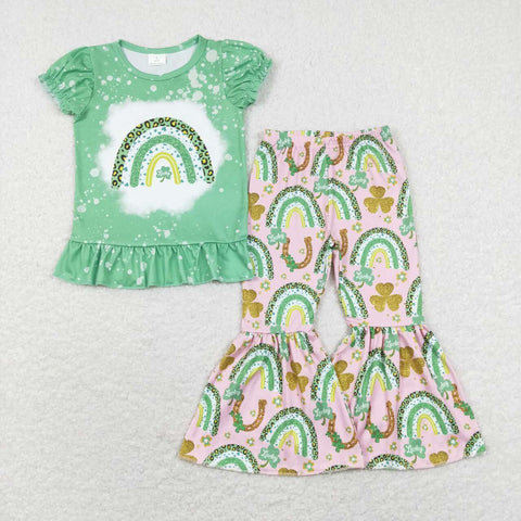 GSPO1234  baby girl clothes green girl rainbow toddler st. patrick outfit toddler bell bottoms outfit