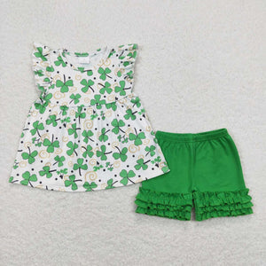 A5-21 girl St. Patrick's Day green flutter sleeve summer set