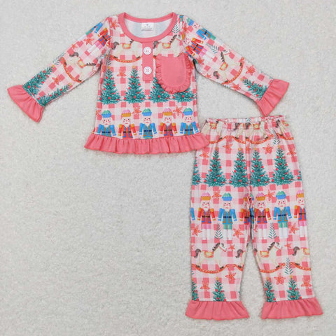 GLP0749 toddler girl clothes christmas tree pocket pink girl christmas pajamas set