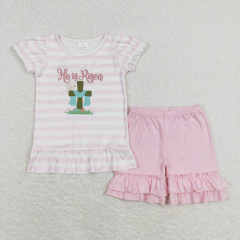 GSSO0382 baby girl  clothes he is risen embroidery cross girl easter outfit toddler easter shorts set