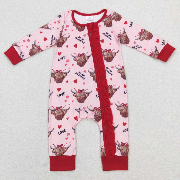 LR0804 baby girl clothes heart highland cow girl valentines day romper