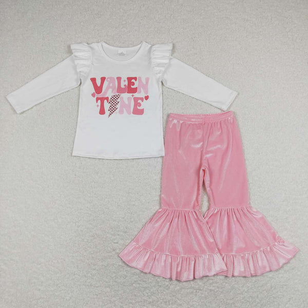 GLP1141 baby girl clothes girl valentines day clothes toddler bell bottom outfit pink velvet pant set