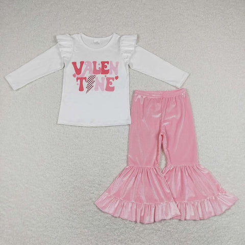 GLP1141 baby girl clothes girl valentines day clothes toddler bell bottom outfit pink velvet pant set