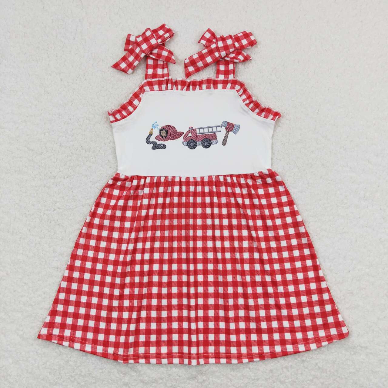 GSD0906 RTS toddler clothes firemen gingham baby girl summer dress (print svg)