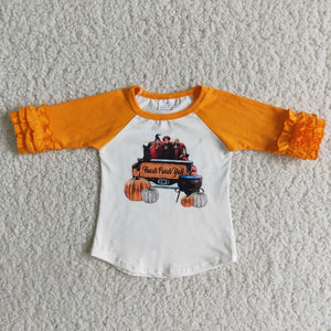 girl halloween 3/4sleeve orange pumpkin truck top tshirt
