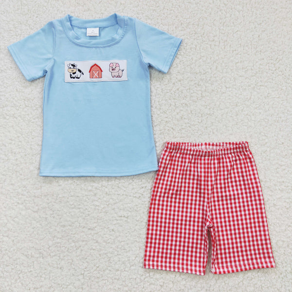 BSSO0181 baby boy clothes farm embroidery pig cow summer shorts set