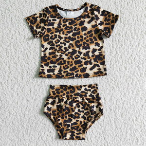 B3-12 kids clothing summer leopard bummies set