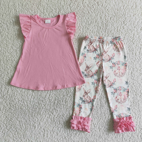 B13-28 kids clothing pink bunny flutter sleeve set-promotion 2024.1.27
