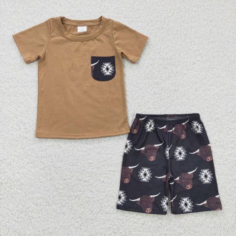 BSSO0148 kids clothes boys summer outfits brown shorts set