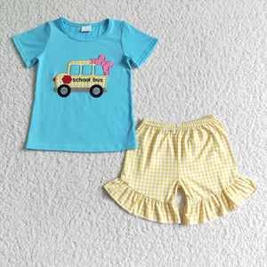 GSSO0093 kids clothing school bus emboridery summer girl set