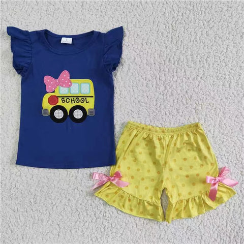 GSSO0091 kids clothing back to school clothes  bus emboridery set
