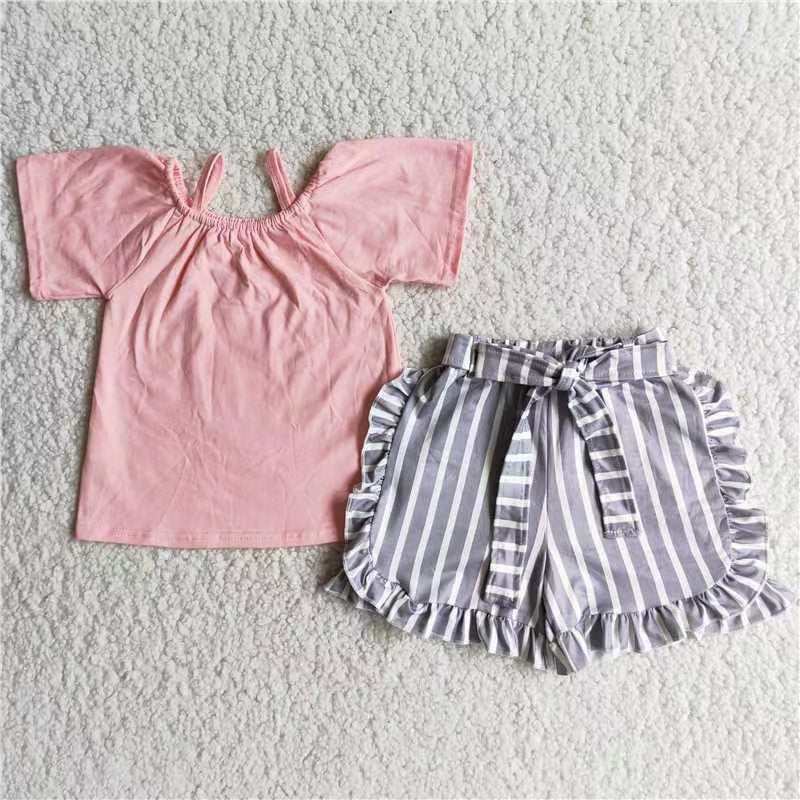 D7-28 girl clothes summer pink grey stripe set