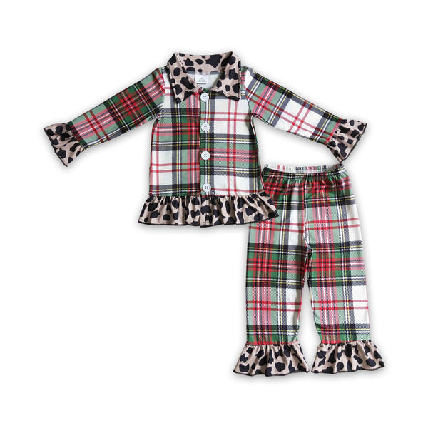 6 B2-4 baby girl clothes plaid leopard winter pajamas set