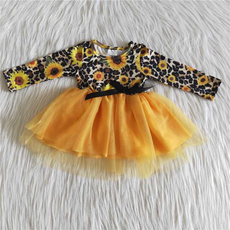 6 A29-27(2) girl yellow sunflower leopard tulle winter long sleeve dress-promotion 2023.8.7