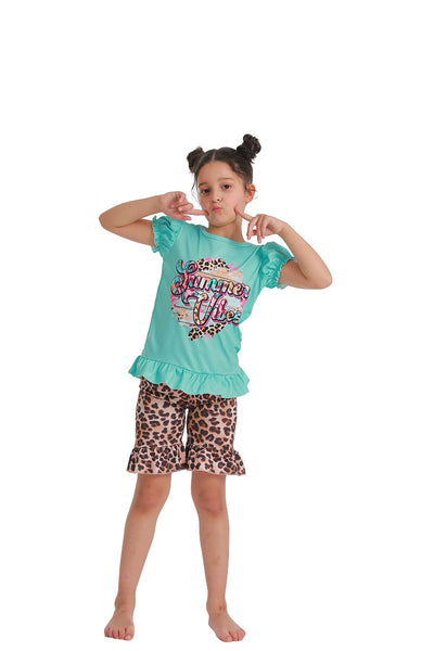 girl clothes blue summer leopard short sleeve set
