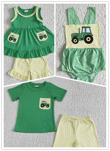 kids summer green yellow tractor matching clothes