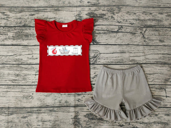 GSSO0161 kids clothes girls red embroidery shorts set girl summer outfits