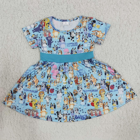 B7-4 toddler girl clothes blue cartoon animal twirl summer dress