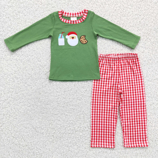 BLP0147 baby boy clothes embroidery green santa claus christmas outfits