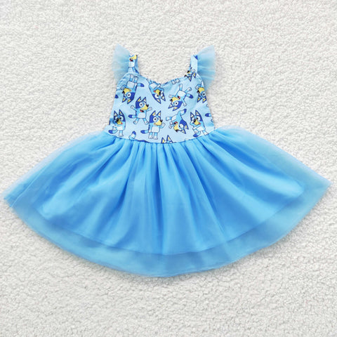 GSD0334 kids clothes girls cartoon blue tulle dress girl party dress