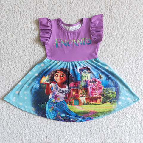 girl cartooon summer flutter sleeve purple dress