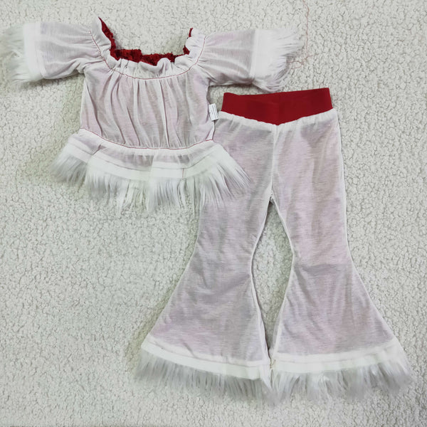 C7-23 girl winter red sequin fur bell pants set