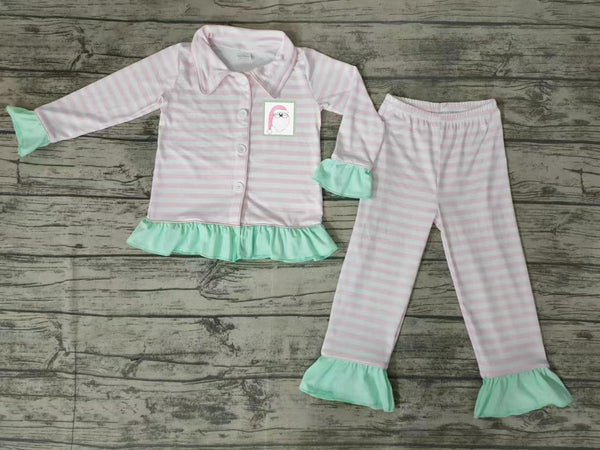 GLP0134 girl pink stripe embroidery santa claus sleepwear christmas pajamas set