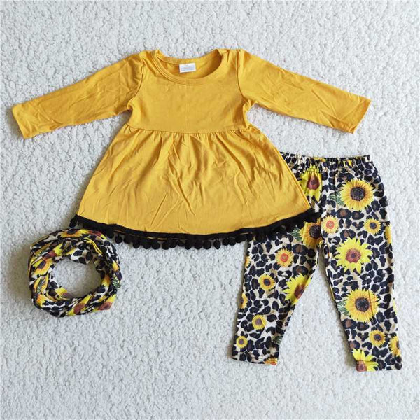 girl leopard sunflower winter set with scarf 3pcs