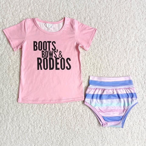 girl pink boots bows' rodeos bummies short sleeve set