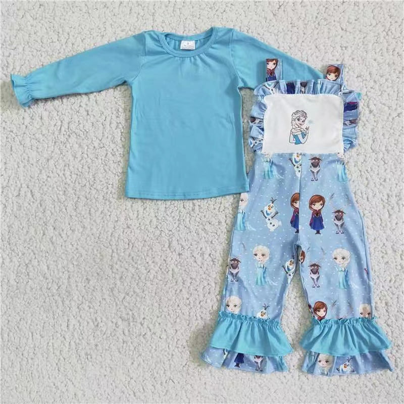 girl blue princes cartoon set shirt+overalls