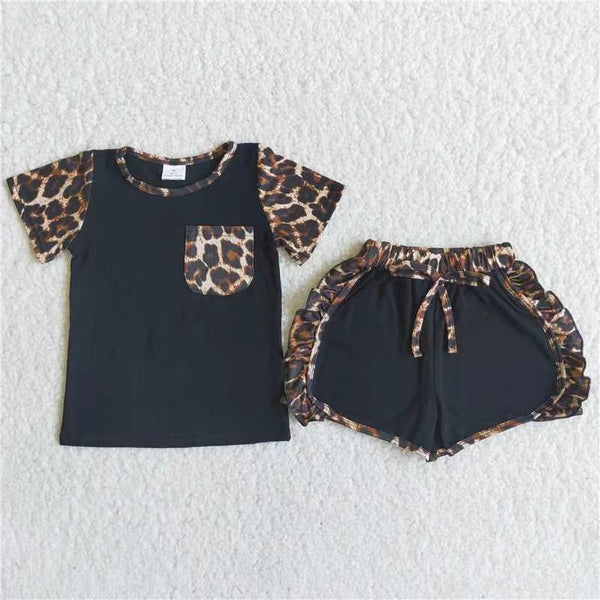 girl black leopard pocket  summer short sleeve set