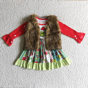 fur vest red cartoon baby girl clothes christmas dress