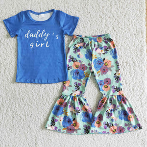 girl blue daddy's girl floral short sleeve fall spring set