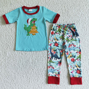 BSPO0008 boy dinosaur embroidery christmas short sleeve outfits